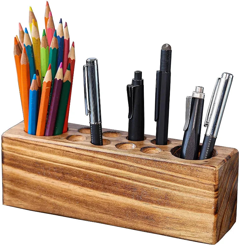 Vintage Gray Polished Wood 4-Slot Pen & Pencil Holder Armour Square Desktop Office Supply Storage Box by Calvin Handicraft