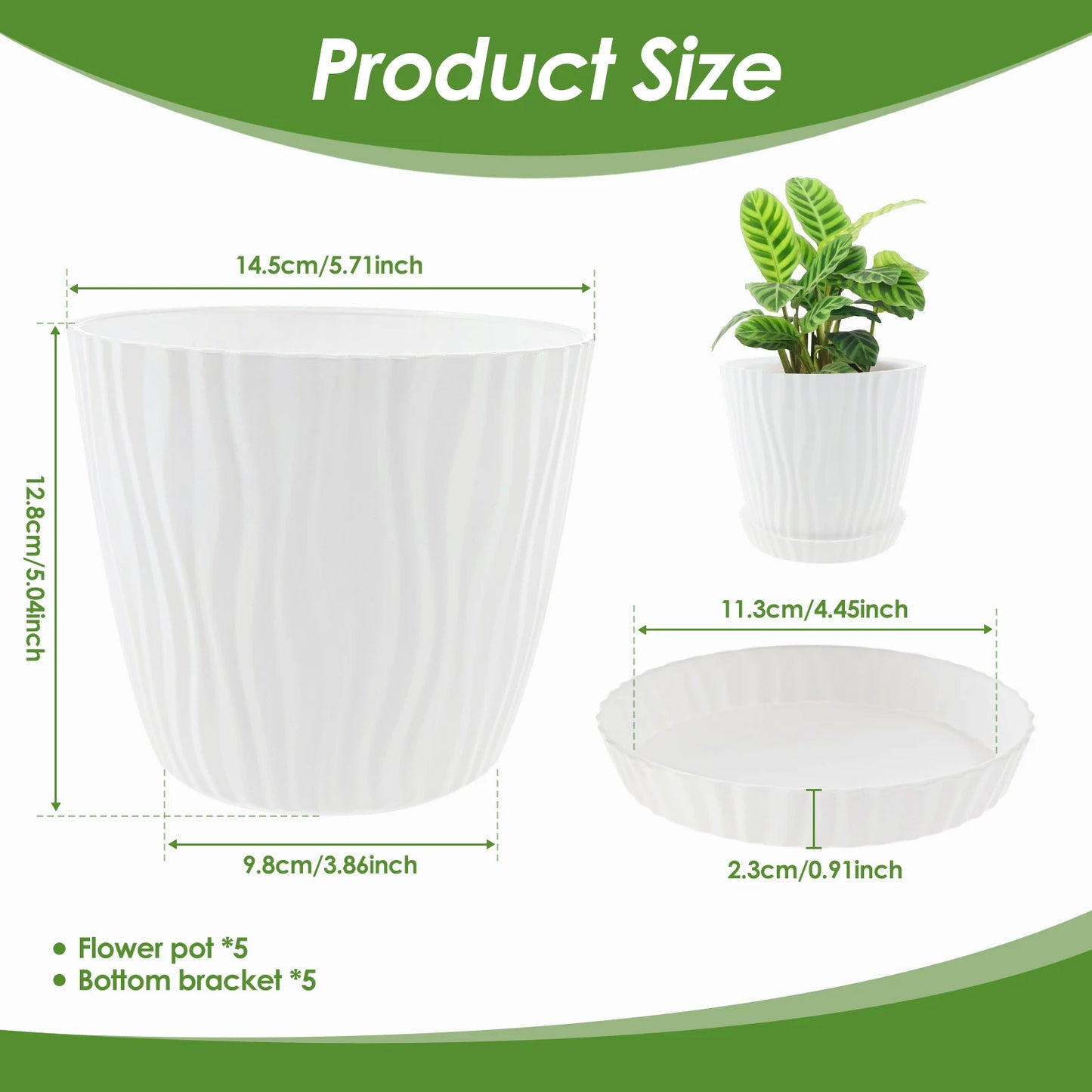 5Pcs Set Flower Pot PP Vegetation Pots with Drainage Holes and Saucers Thickened Multipurpose Succulent Pots for Indoor&Outdoor