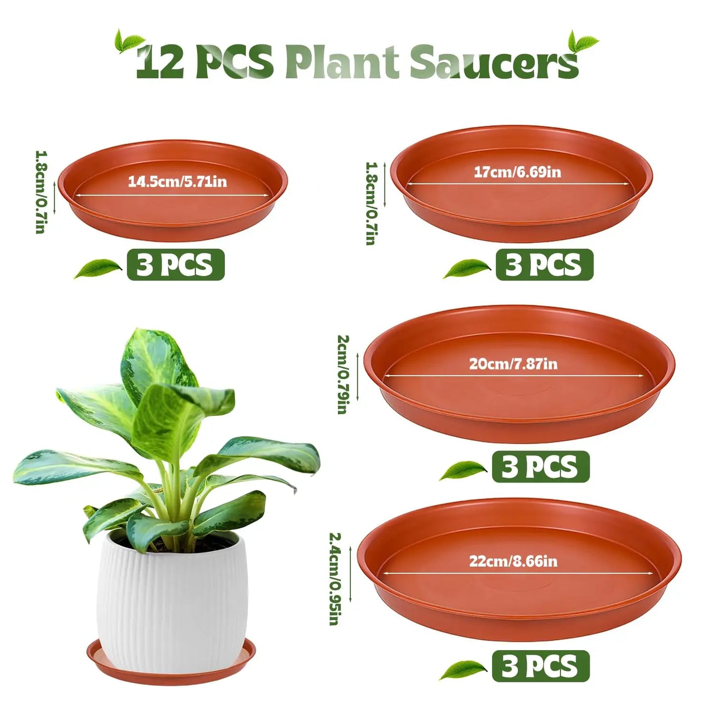 12 Pack Plant Pot Saucers – 4 Sizes (18/22/24/26cm) Plastic Drip Trays, Durable for Indoor/Outdoor Garden Plant Pots
